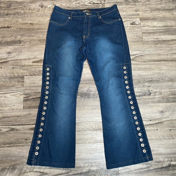 Laser Jeans Y2K Women’s Size 13 Jr. Blue Denim Jeans Bootcut Flare Side Buttons - Picture 1 of 8